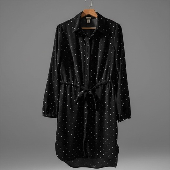 Womens Medium Polka Dot Shirt Dress Black White Button Down Cinched Waist Midi - Picture 2 of 7